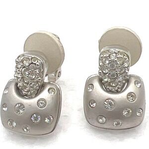 Vtg Swarovski Earrings Door Knockers Clip On Clear Crystals Brushed Silver Tone‎